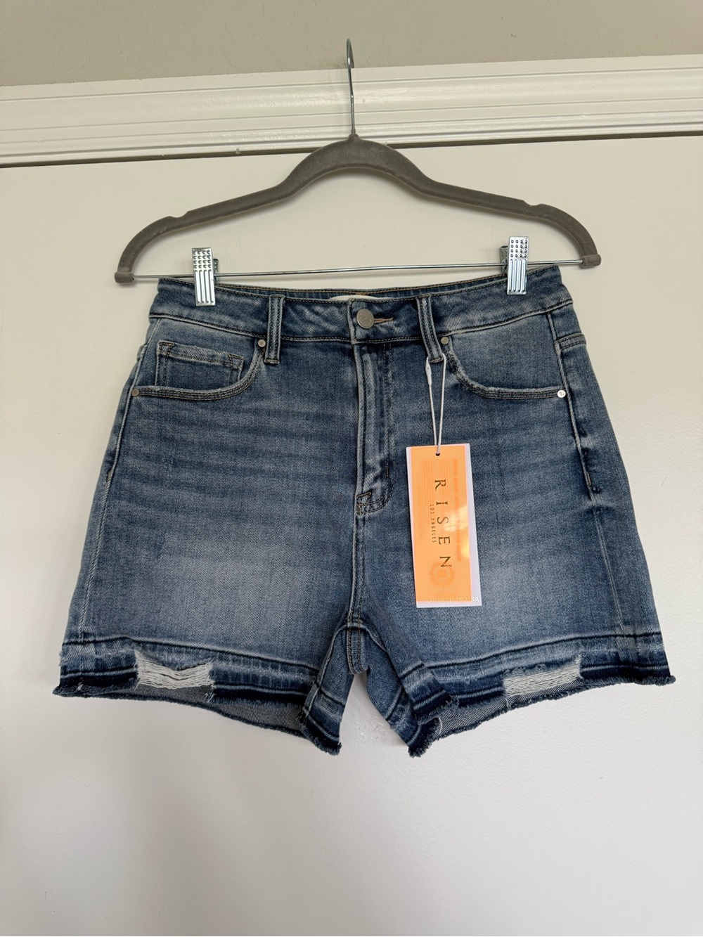 Risen High-Rise Distressed Denim Shorts - Blue